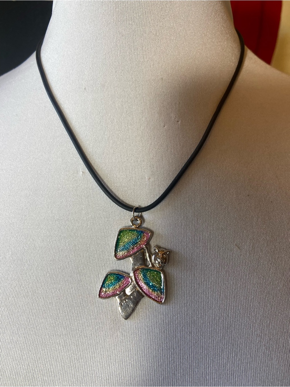 Multicolor Enamel Mushroom Pendant Necklace with Black Cord